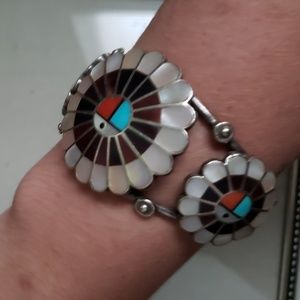 Vintage Genuine Turquoise and Coral Cuff Bracelet